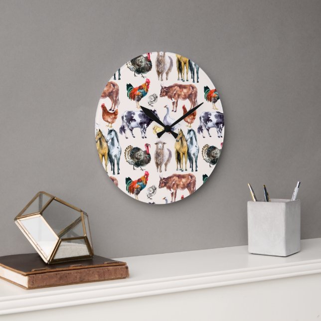 Farm animals pattern watercolor large clock (Office)