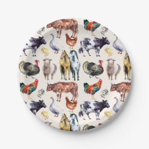 Farm animals pattern watercolor paper plate