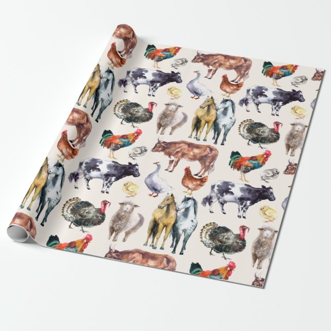 Farm animals pattern watercolor wrapping paper (Unrolled)