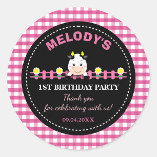 Farm Animals Pink Cow 1st Birthday Party Favour Classic Round Sticker