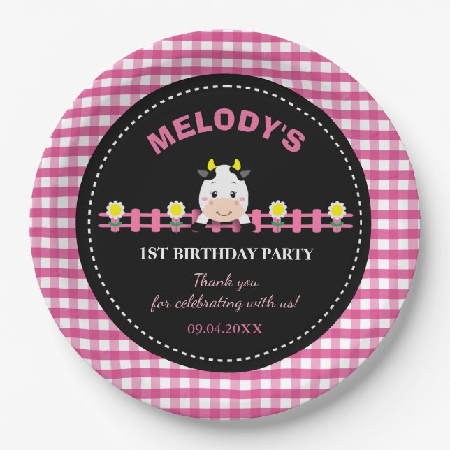 Farm Animals Pink Cow Barnyard 1st Birthday Party  Paper Plate (Front)