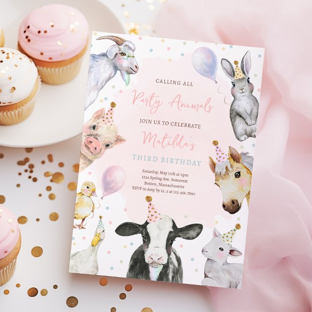  Farm Animals Pink Girl Barnyard Birthday Party Invitation (Creator Uploaded)