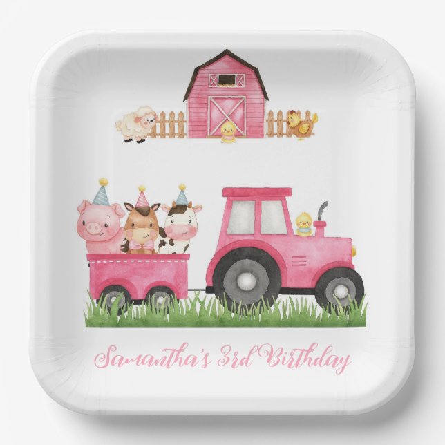 Farm Animals Pink Girl Barnyard Birthday Party Paper Plate (Front)