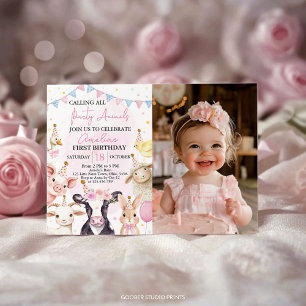 Farm Animals Pink Girl Birthday Photo Invitation