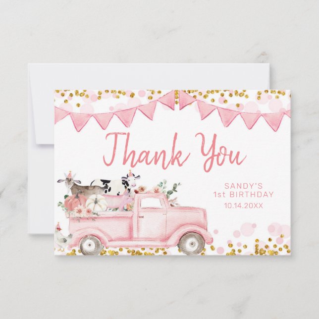 Farm Animals Pumpkin Pink Truck Drive By Birthday Thank You Card (Front)
