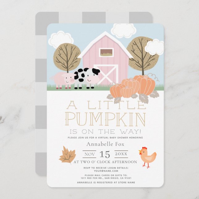 Farm Animals Pumpkin Pink Virtual Baby Shower Invitation (Front/Back)