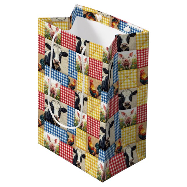 Farm Animals Quilt Pattern Medium Gift Bag (Front Angled)