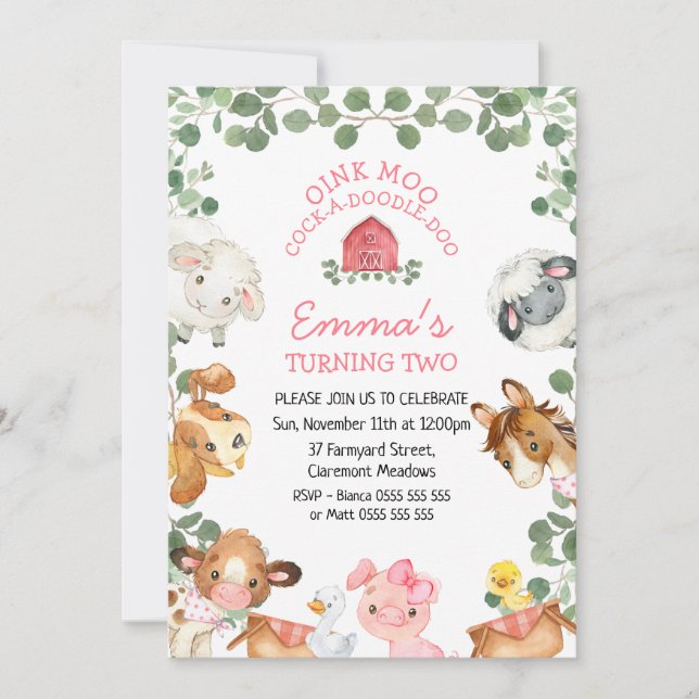 Farm Animals Red Barn Foliage Birthday Invitation (Front)