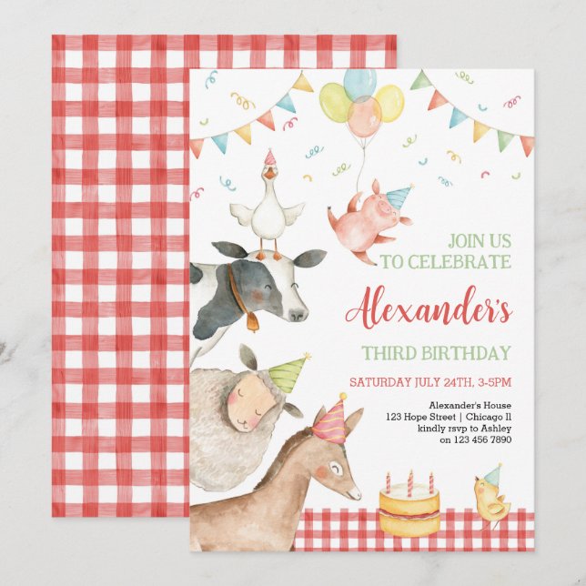 Farm Animals Red Barnyard Girl Boy 3rd Birthday  Invitation (Front/Back)