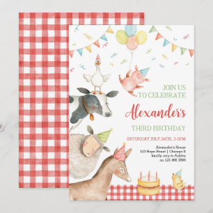 Farm Animals Red Barnyard Girl Boy 3rd Birthday  Invitation
