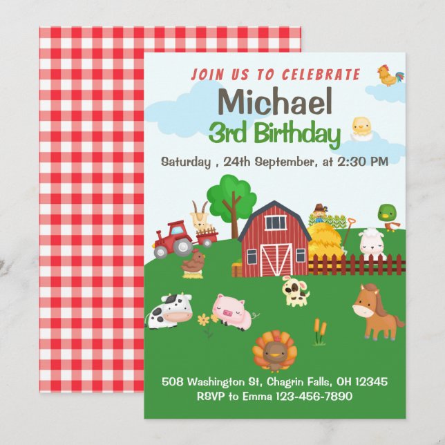 Farm Animals Red Gingham Barnyard Birthday Invitation (Front/Back)