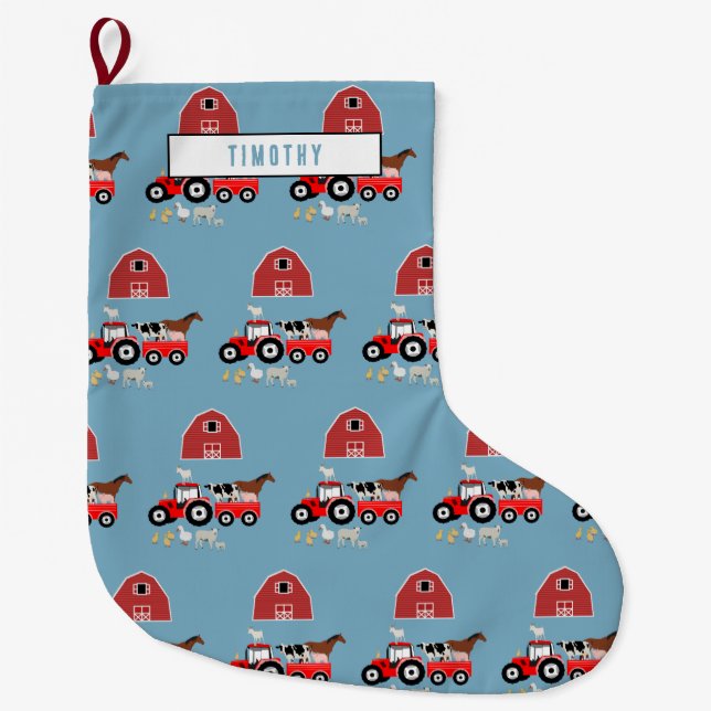 Farm Animals & Red Tractor Barnyard Boys Pattern  Large Christmas Stocking (Front)