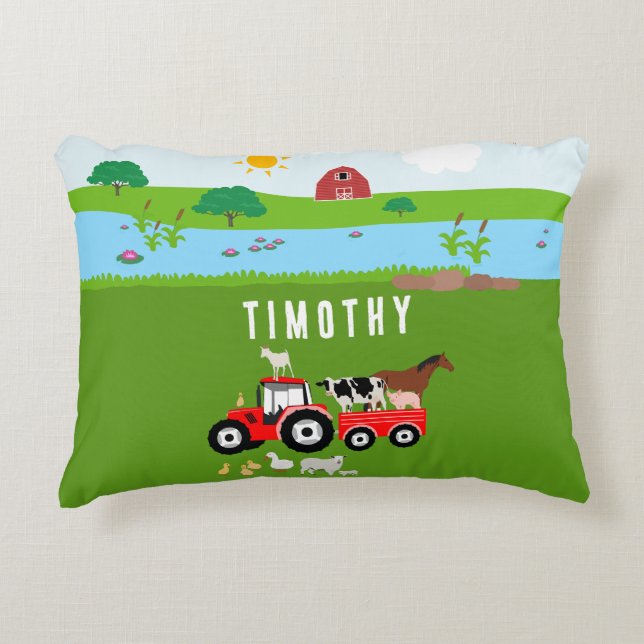 Farm Animals & Red Tractor Barnyard Custom Name Accent Pillow (Front)