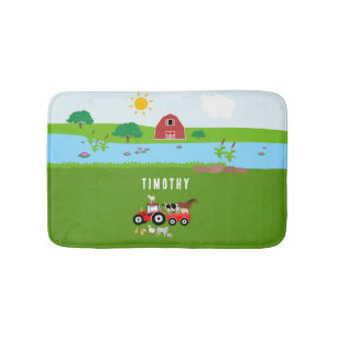 Farm Animals & Red Tractor Barnyard Custom Name Bath Mat