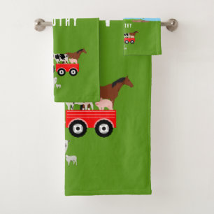 Farm Animals & Red Tractor Barnyard Custom Name Bath Towel Set