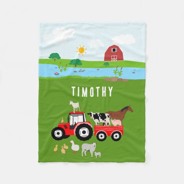 Farm Animals & Red Tractor Barnyard Custom Name  Fleece Blanket (Front)