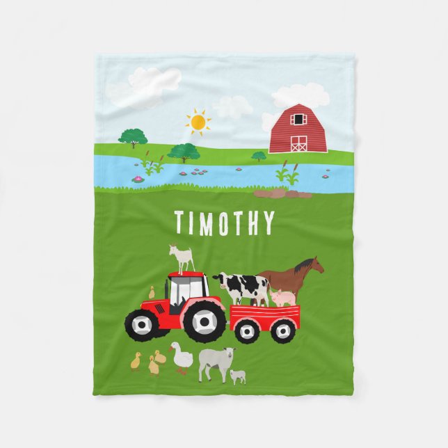 Farm Animals & Red Tractor Barnyard Custom Name  Fleece Blanket (Front)