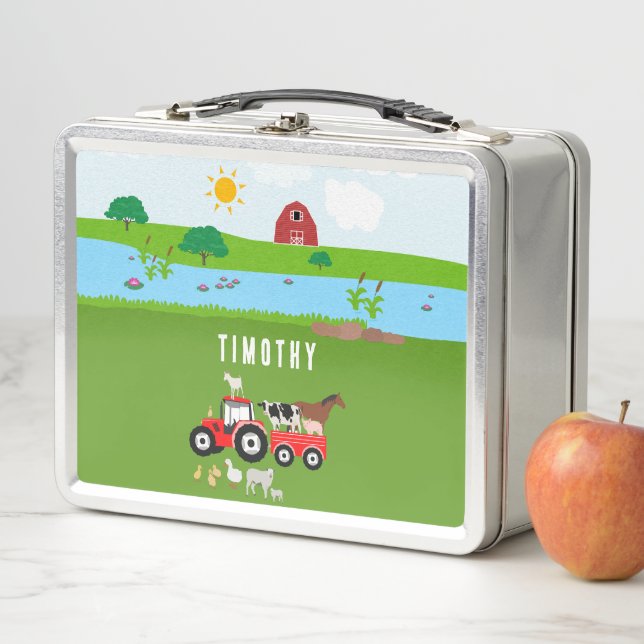 Farm Animals & Red Tractor Barnyard Custom Name  Metal Lunch Box (In Situ)