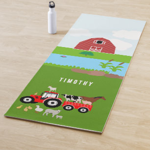 Farm Animals & Red Tractor Barnyard Custom Name Yoga Mat