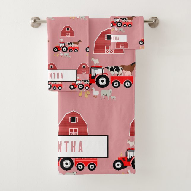 Farm Animals & Red Tractor Barnyard Girls Pattern  Bath Towel Set (Insitu)