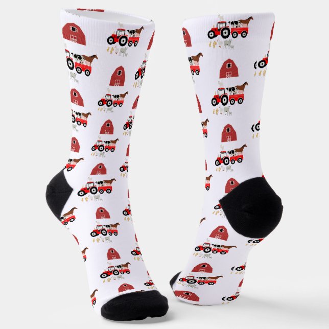 Farm Animals & Red Tractor Barnyard Pattern   Socks (Angled)