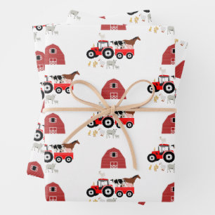 Farm Animals & Red Tractor Barnyard Pattern Wrapping Paper Sheet