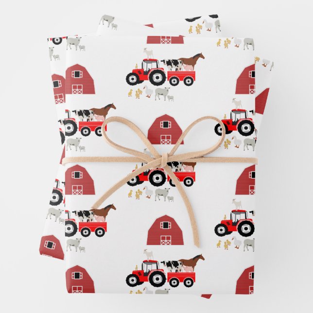 Farm Animals & Red Tractor Barnyard Pattern  Wrapping Paper Sheet (In situ)