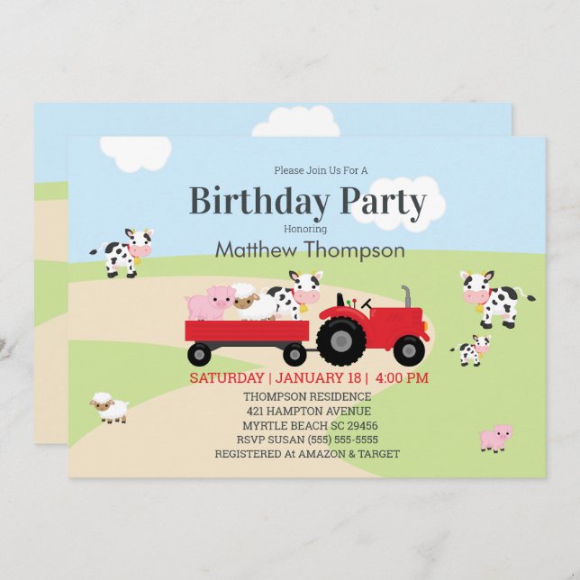 Farm Animals Red Tractor Boys Birthday Party Invitation (Front/Back)
