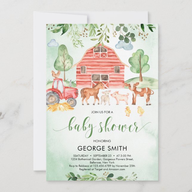 Farm animals theme greenery leaves Boy Baby Shower Invitation (Front)