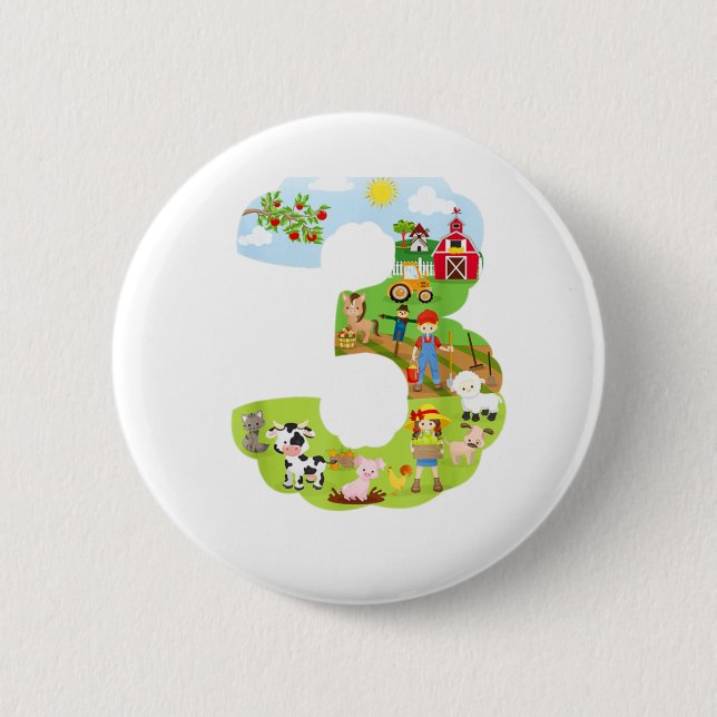 Farm Animals third birthday Party theme number thr 2 Inch Round Button (Front)