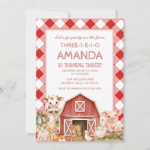 Farm Animals Three-I-E-I-O 3rd Birthday Invitation