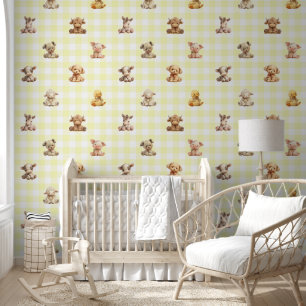 Farm Animals Toys Yellow Plaid Baby Nursery  Wallpaper
