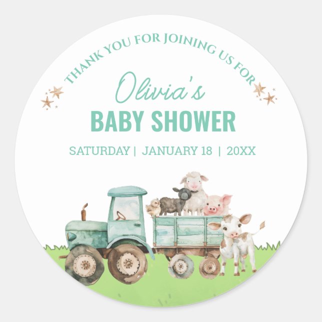 Farm Animals Tractor Gender Neutral Baby Shower   Classic Round Sticker (Front)