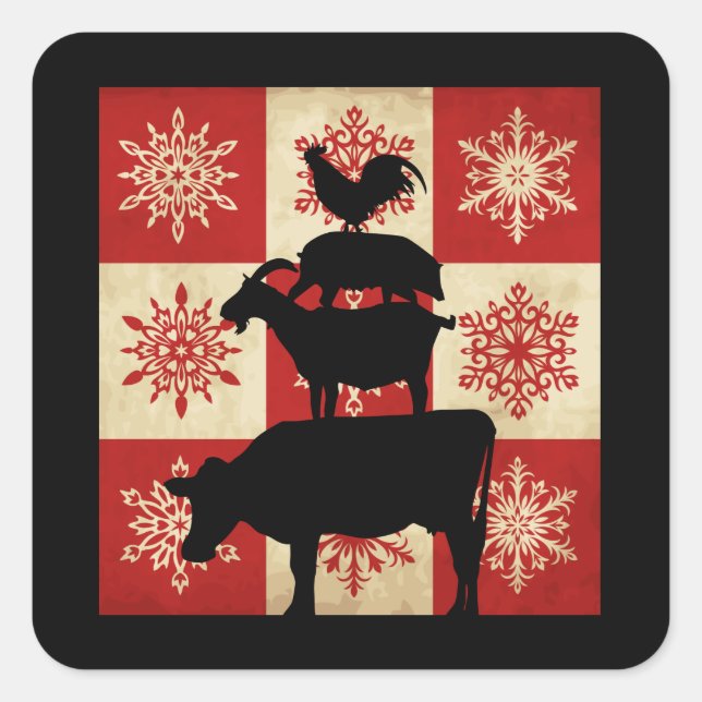 Farm Animals Vintage Country Snowflake Winter Square Sticker (Front)