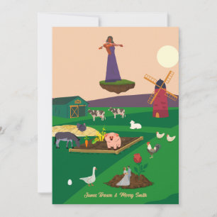 Farm Animals Violin Rose Couple Goose Wedding Invitation