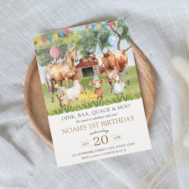 Farm Animals Watercolor Birthday Party Invitation (Party farm animals kids birthday party invitation)
