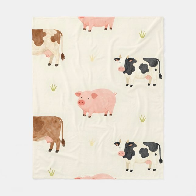 Farm Animals Watercolor Cute Pattern Fleece Blanket (Front)