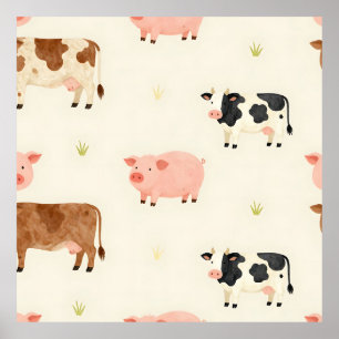 Farm Animals Watercolor Cute Pattern Poster