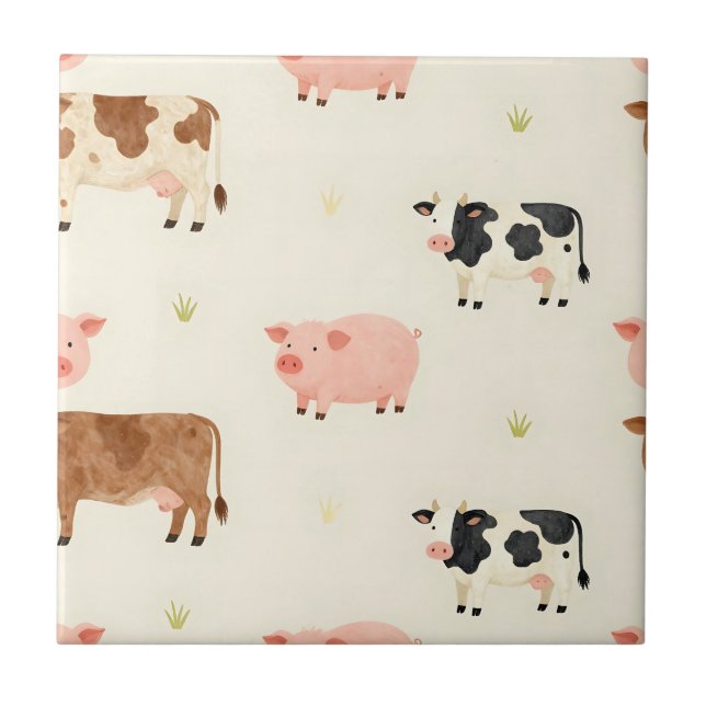 Farm Animals Watercolor Cute Pattern Tile (Front)