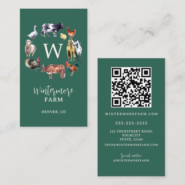 Farm animals watercolor farm business green card (Front/Back)