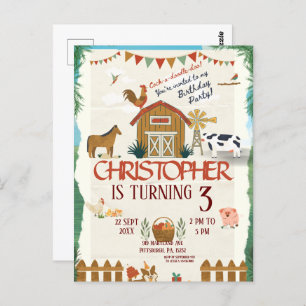 Farm Animals Watercolor Modern 1st Birthday Postcard