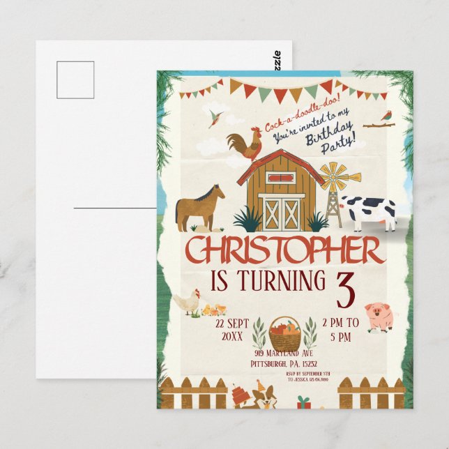 Farm Animals Watercolor Modern 1st Birthday Postcard (Front/Back)