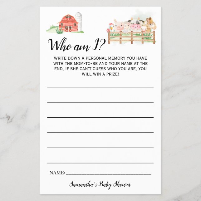 Farm Animals Who am I Baby Shower Game Card (Front)