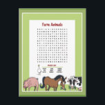 Farm Animals Word Search Postcard<br><div class="desc">Farm animals Word Search Activity Card, A great way to teach or keep your kids occupied during road trips, while waiting in a doctors office or anywhere!</div>
