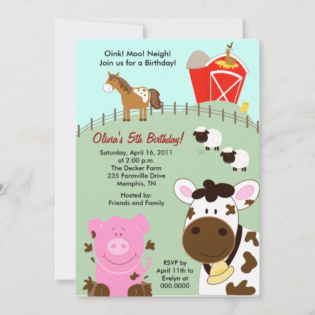 Farm Babies Barnyard 5x7 Birthday Invitation (Front)