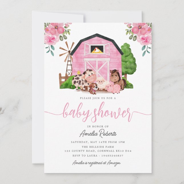Farm Baby Shower invitation, Pink Barn Invite (Front)