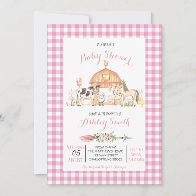 farm baby shower invitation pink girl (Front)
