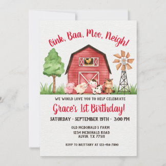 Farm Barnyard 1er anniversaire Invitation