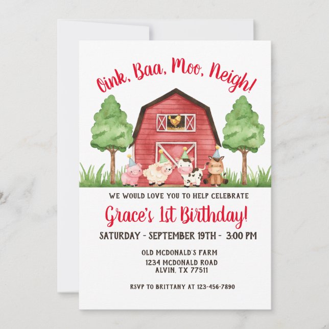 Farm Barnyard 1er anniversaire Invitation (Devant)