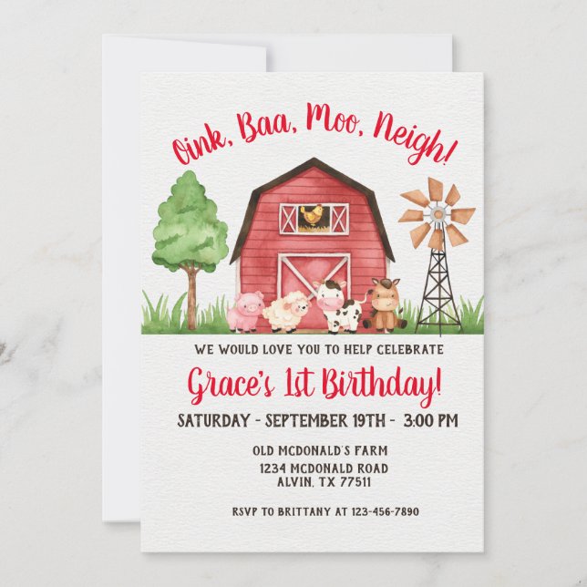 Farm Barnyard 1er anniversaire Invitation (Devant)